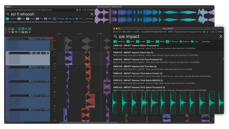 Reaper with layered variations built from the search “sci fi whoosh”, next to the nvk_CREATE window searching “ice impact” with its multi-layer settings and a waveform of the selected file