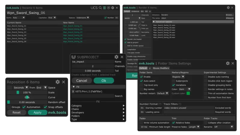The nvk_WORKFLOW 2 Rename, Render, Reposition, Subproject, and Folder Items Settings windows